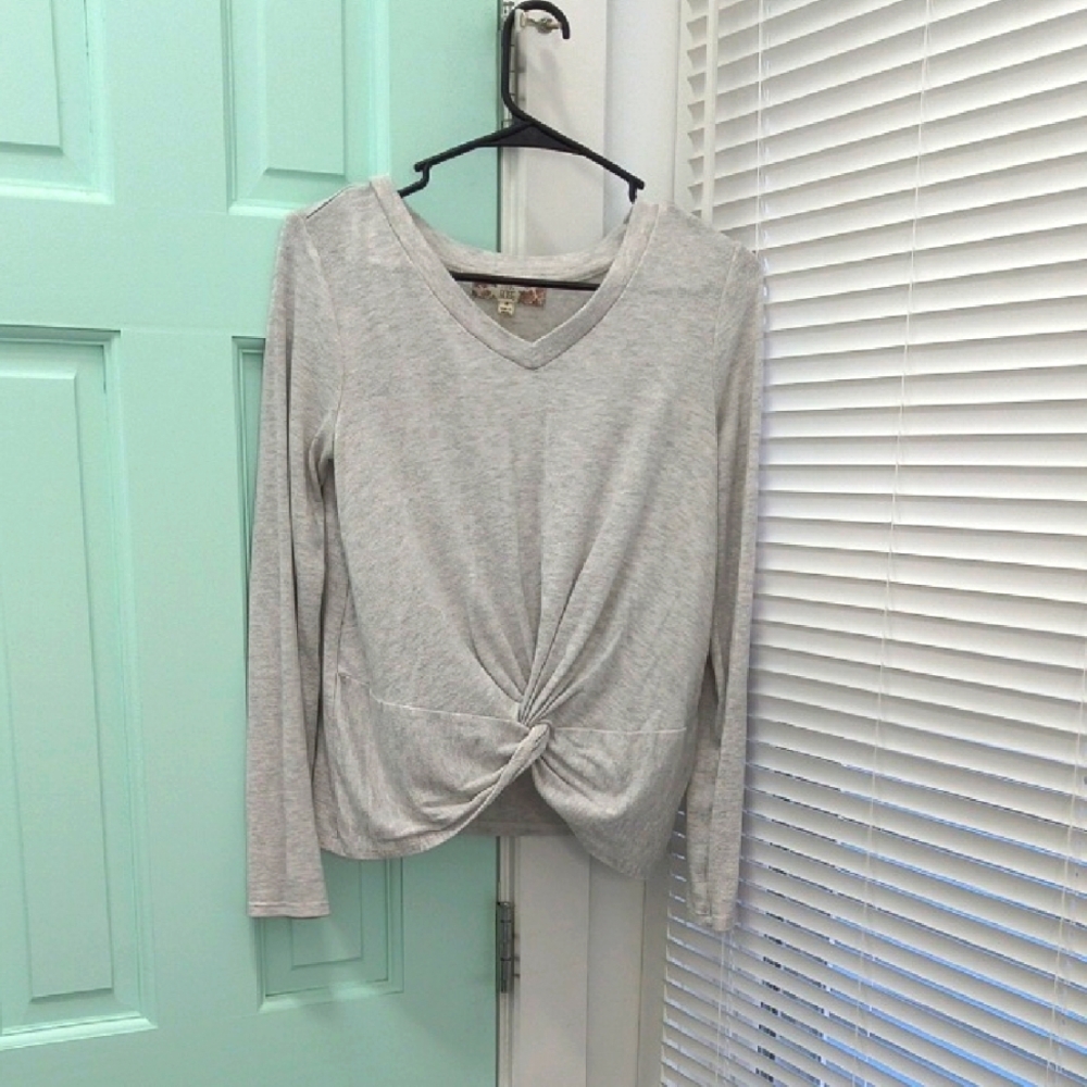 Pink Rose Gray Tie Front Knit Blouse